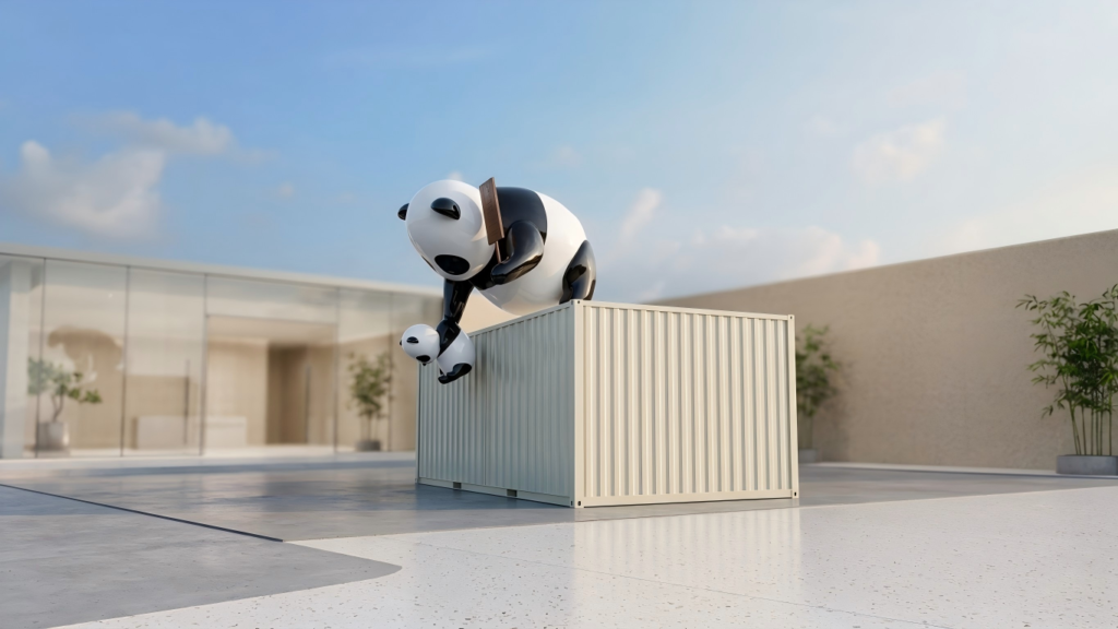 High-fidelity panda mother and cub FRP sculpture for commercial brand IP installation.